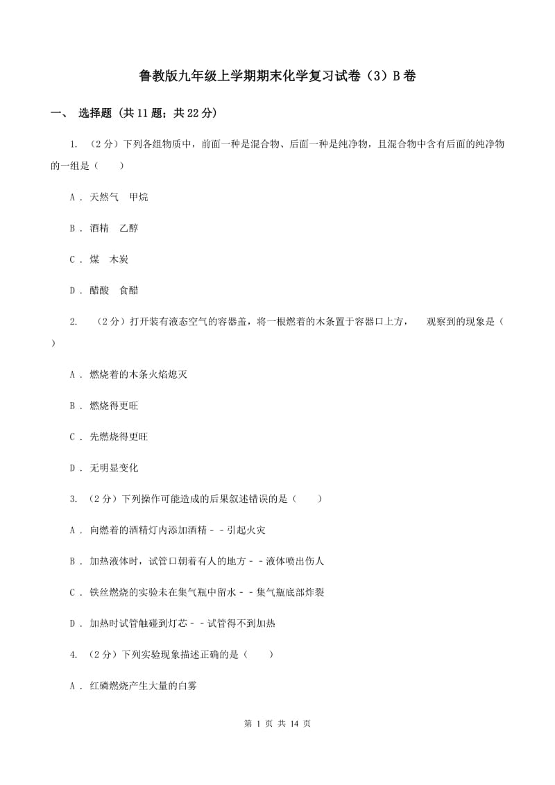 鲁教版九年级上学期期末化学复习试卷（3）B卷.doc_第1页