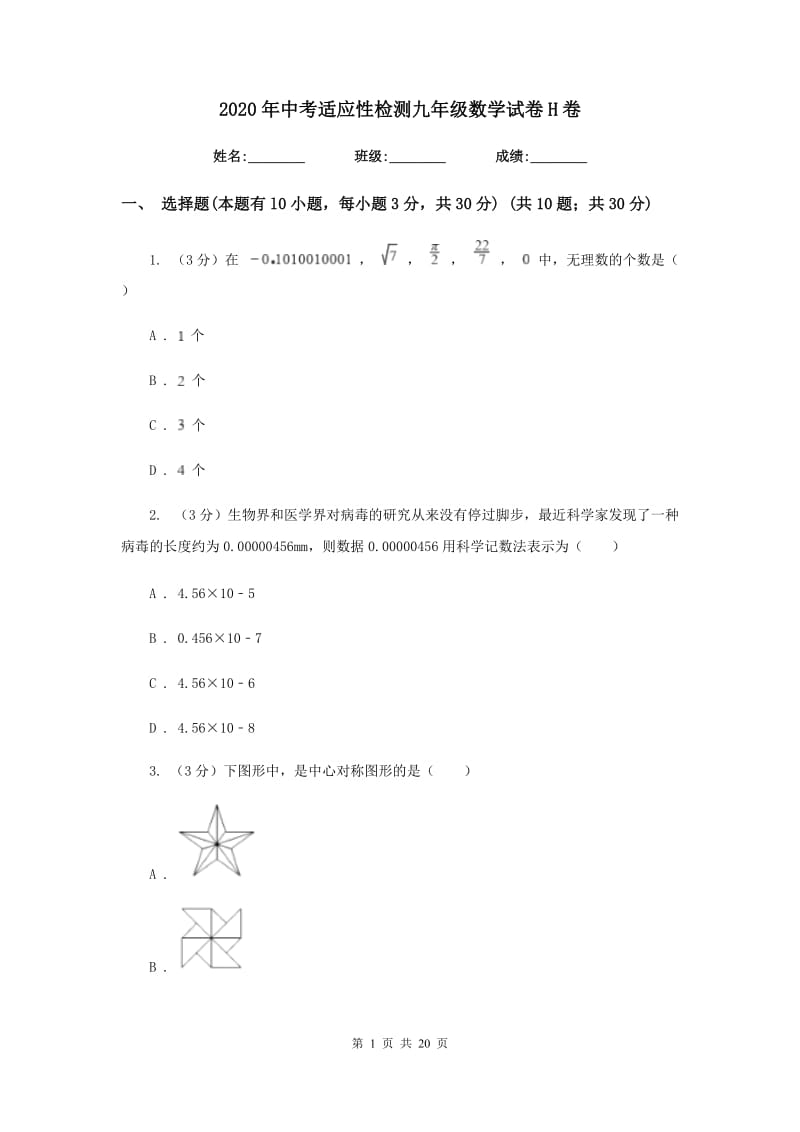 2020年中考适应性检测九年级数学试卷H卷.doc_第1页