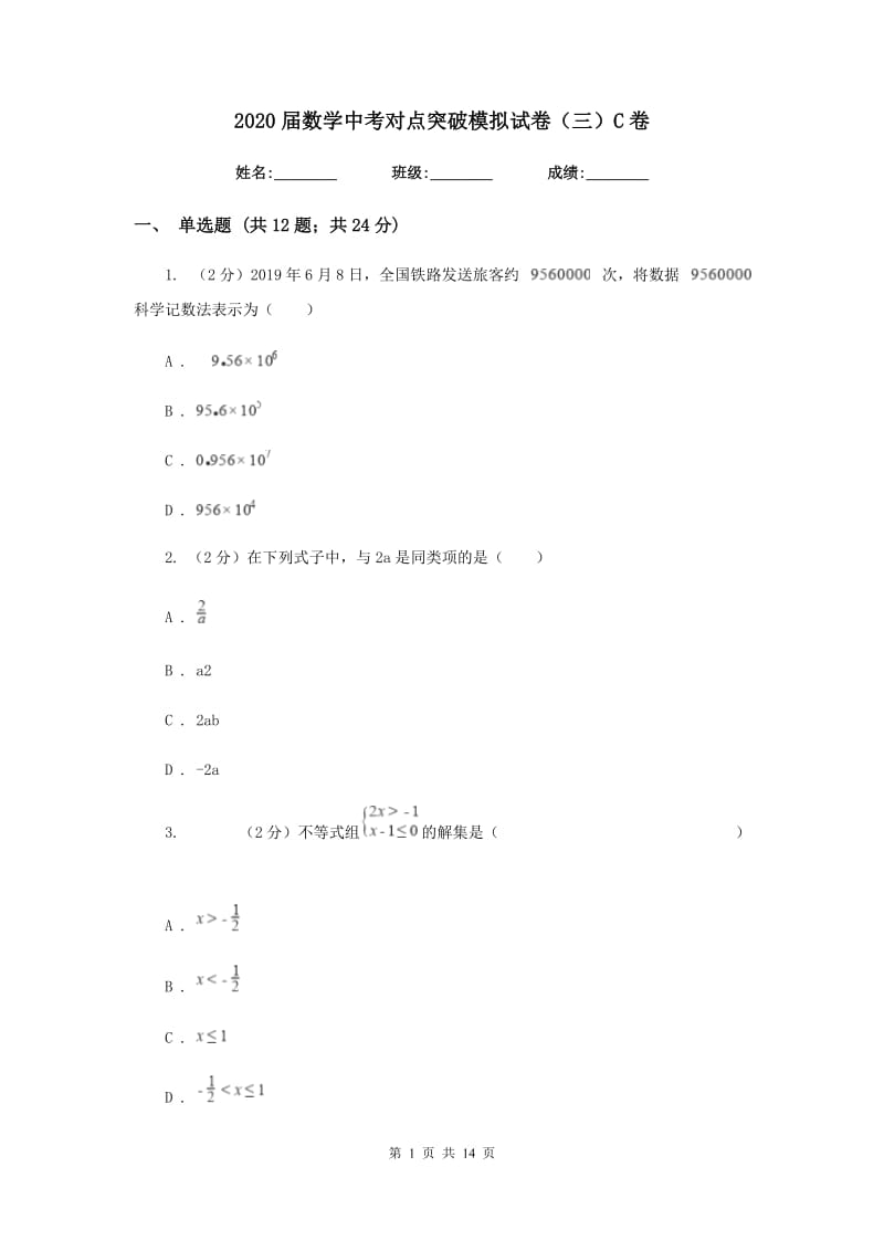 2020届数学中考对点突破模拟试卷（三）C卷.doc_第1页