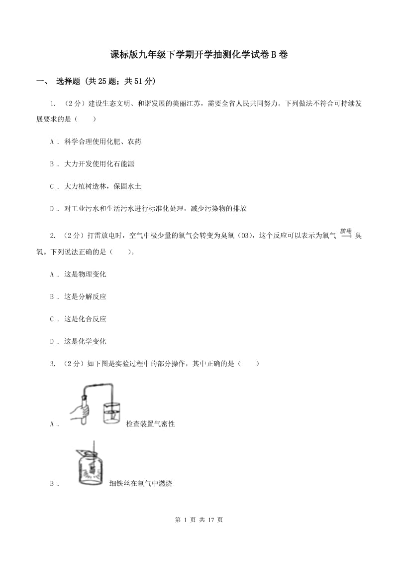 课标版九年级下学期开学抽测化学试卷B卷.doc_第1页