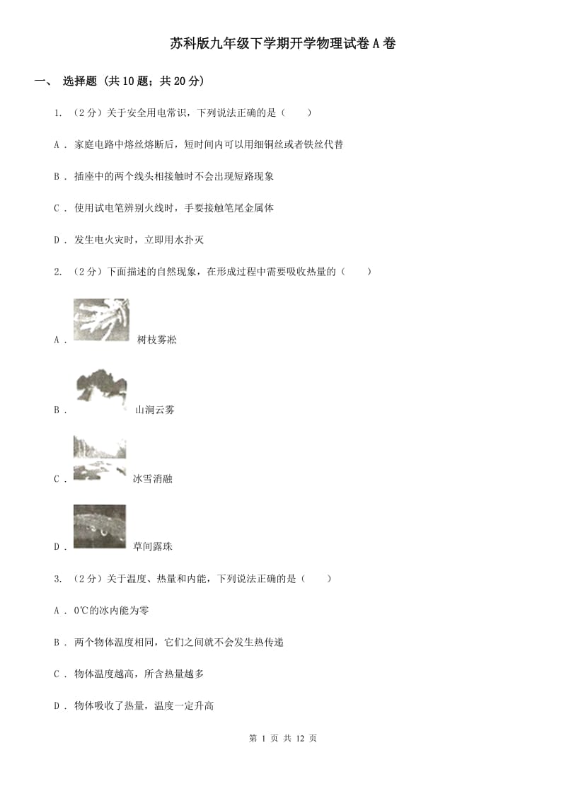 苏科版九年级下学期开学物理试卷A卷.doc_第1页