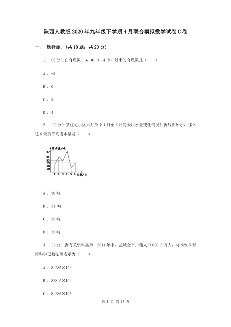 陕西人教版2020年九年级下学期4月联合模拟数学试卷C卷.doc_第1页