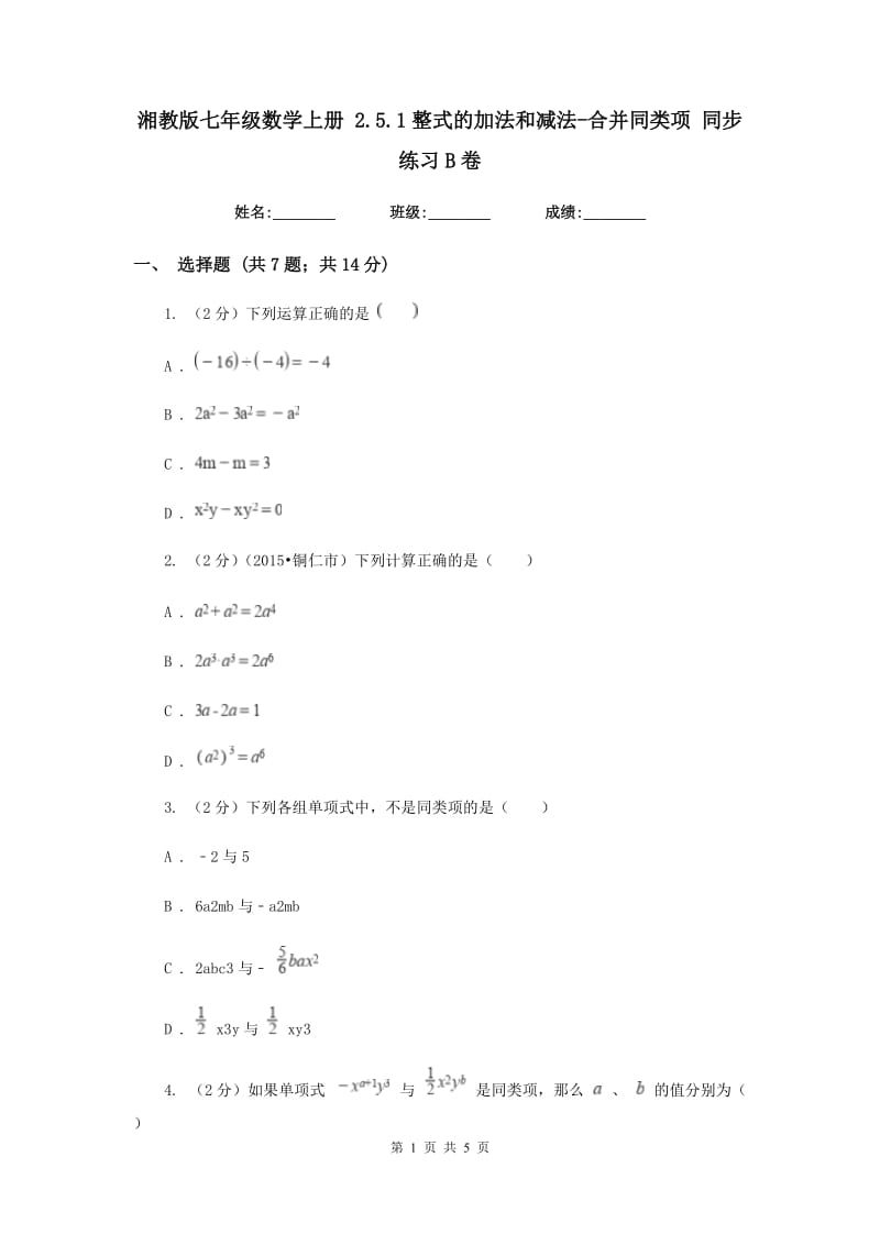 湘教版七年级数学上册 2.5.1整式的加法和减法-合并同类项 同步练习B卷.doc_第1页