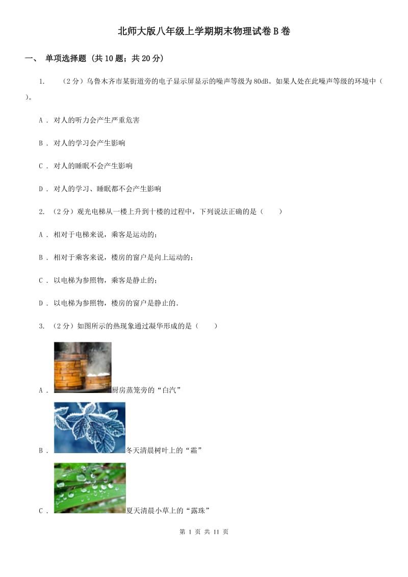 北师大版八年级上学期期末物理试卷B卷.doc_第1页