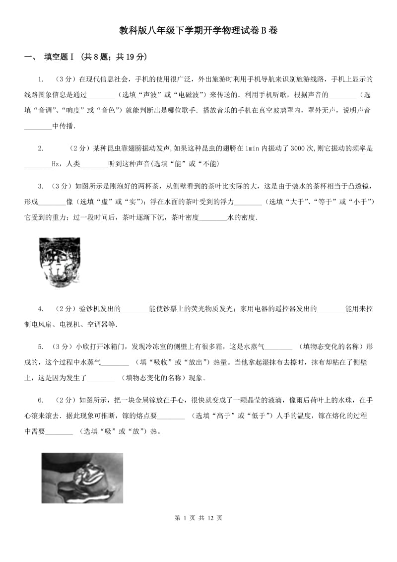 教科版八年级下学期开学物理试卷B卷.doc_第1页