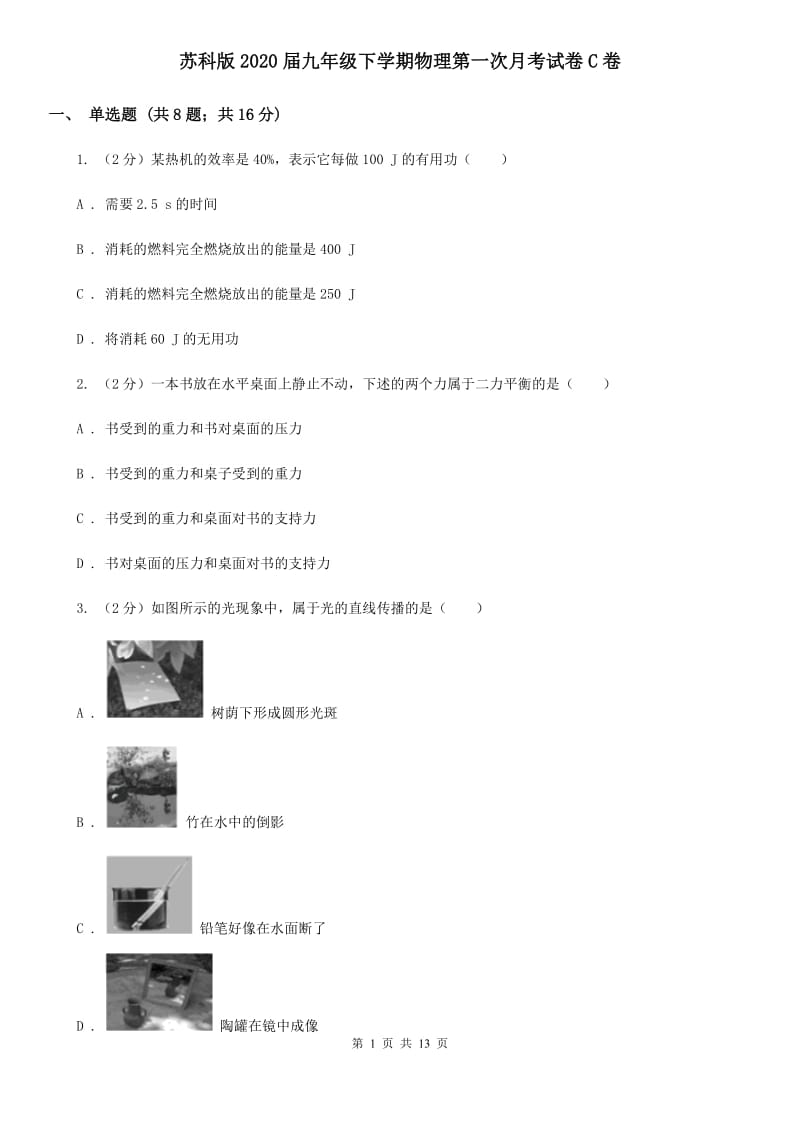 苏科版2020届九年级下学期物理第一次月考试卷C卷.doc_第1页