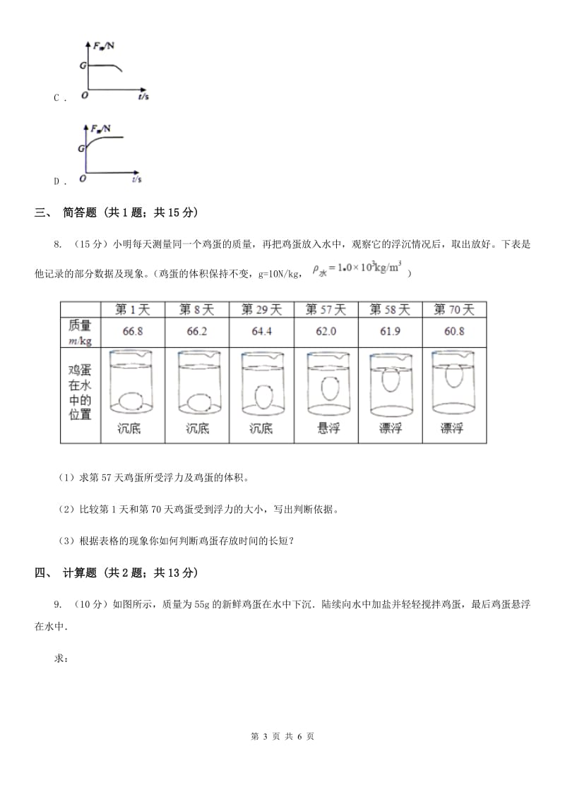 2019-2020学年初中物理八年级下学期10.3 物体的浮沉条件及应用 同步练习C卷.doc_第3页