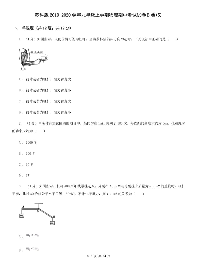 苏科版2019-2020学年九年级上学期物理期中考试试卷B卷(5).doc_第1页