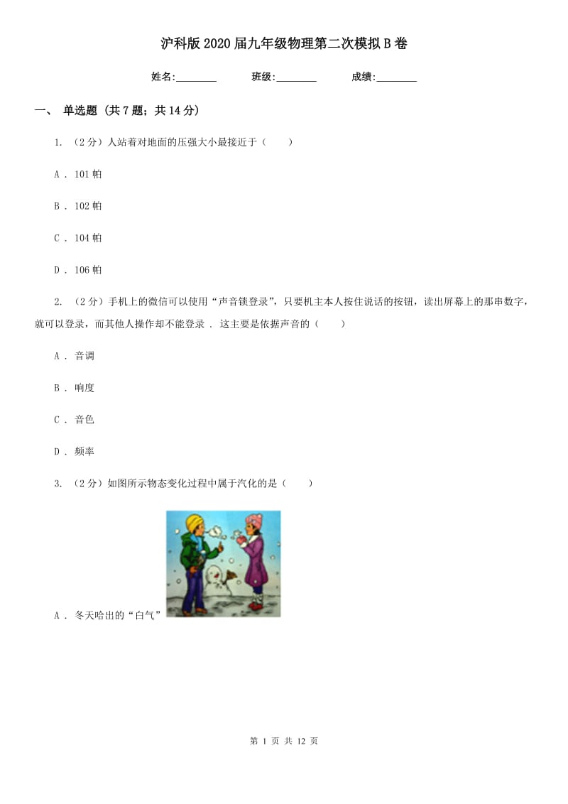 沪科版2020届九年级物理第二次模拟B卷.doc_第1页