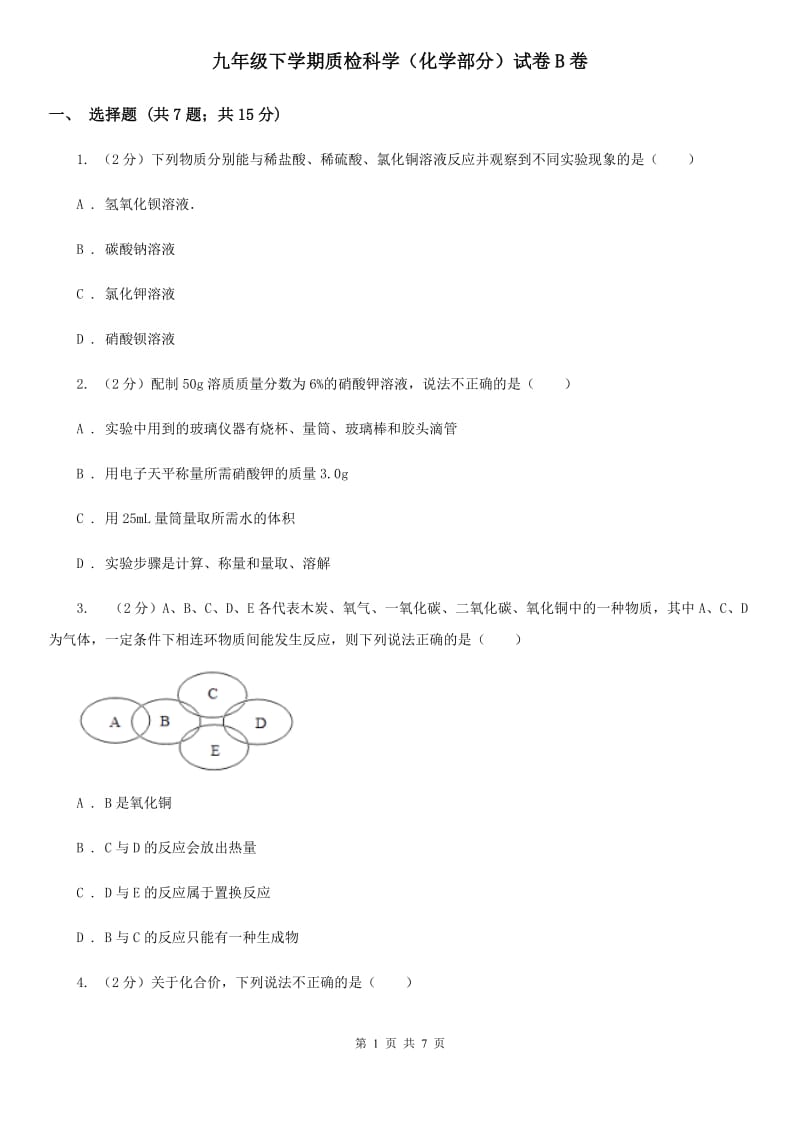 九年级下学期质检科学（化学部分）试卷B卷.doc_第1页