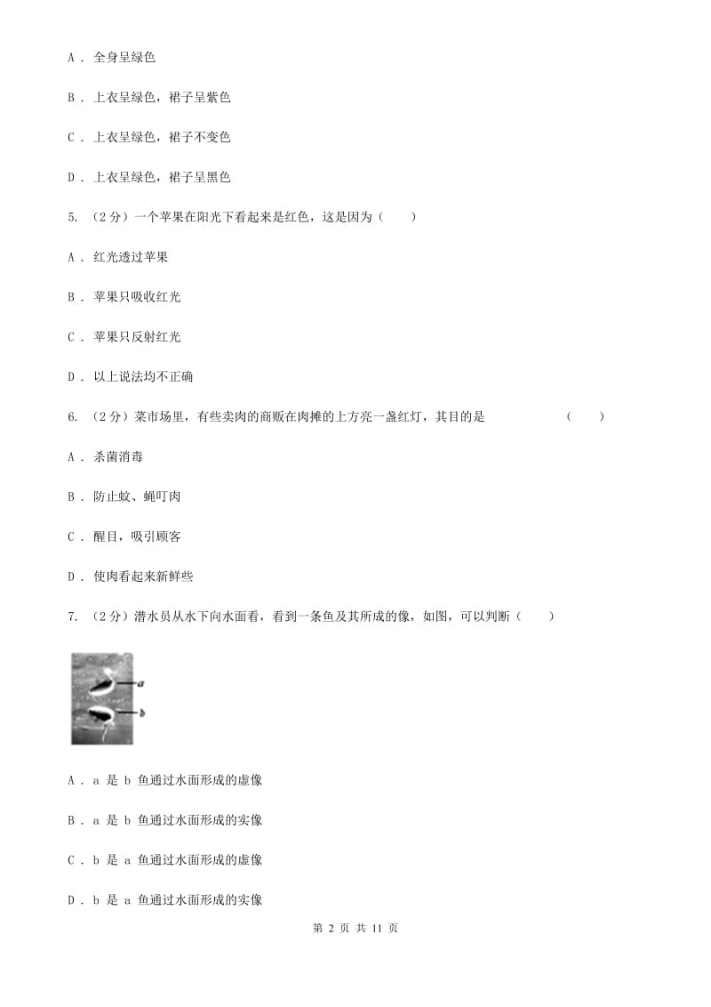 人教版物理八年级上册第四章第五节光的色散同步练习C卷.doc_第2页