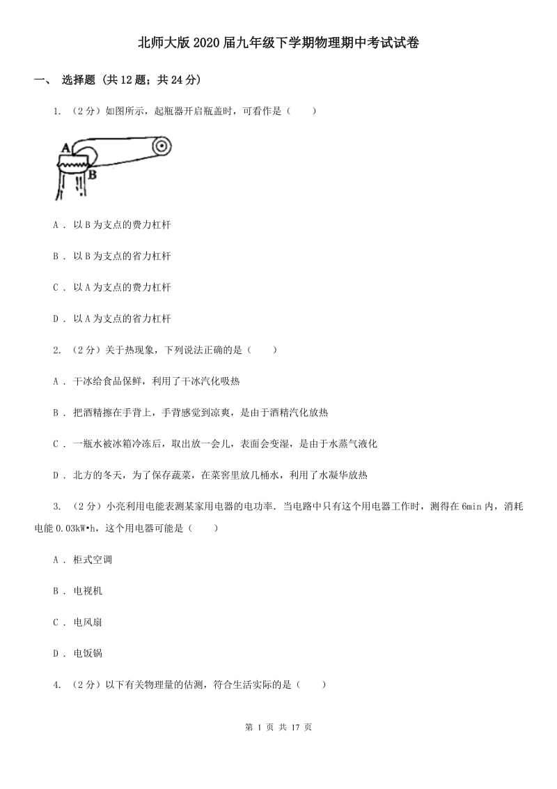 北师大版2020届九年级下学期物理期中考试试卷.doc_第1页