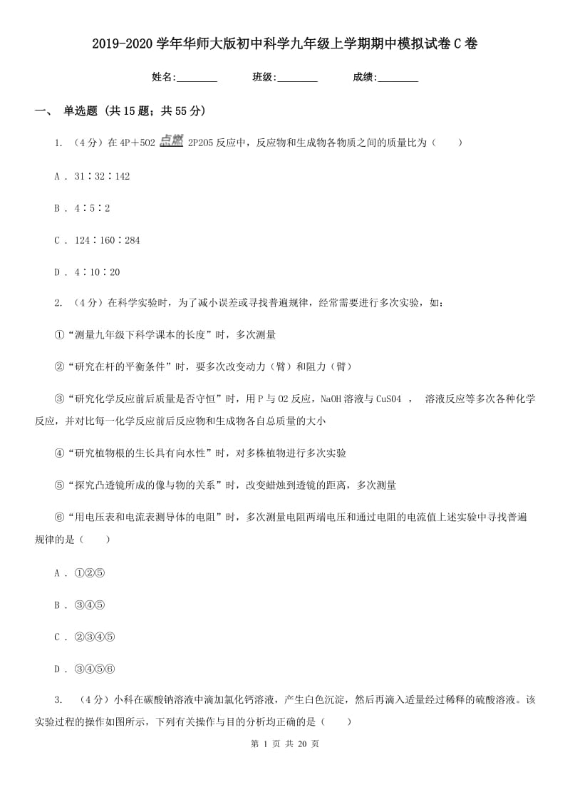 2019-2020学年华师大版初中科学九年级上学期期中模拟试卷C卷.doc_第1页