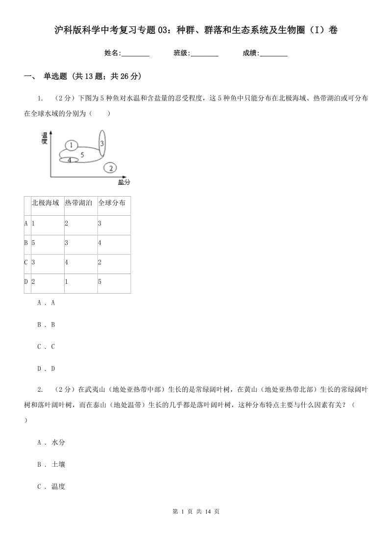 沪科版科学中考复习专题03：种群、群落和生态系统及生物圈（I）卷.doc_第1页