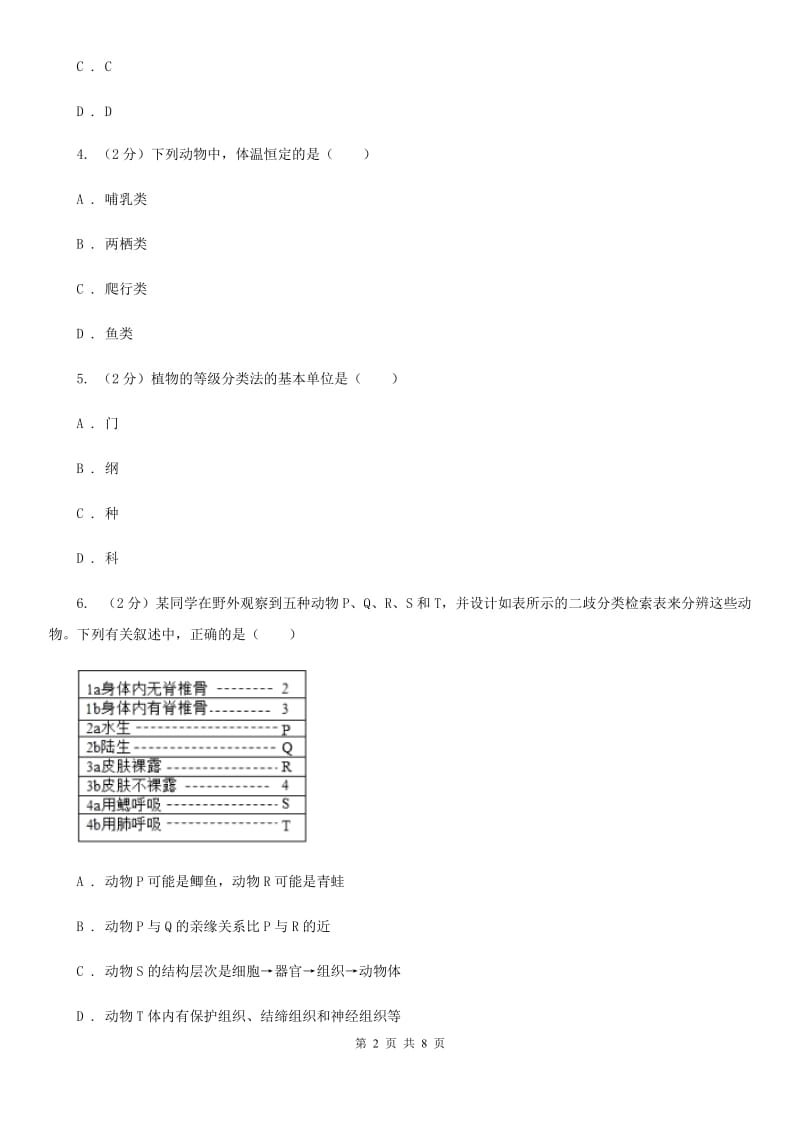 华师大版科学七年级上册2.4生物的分类（II）卷.doc_第2页