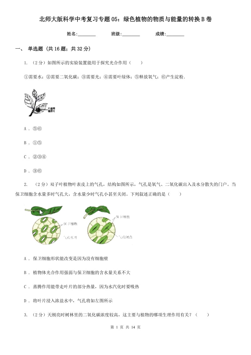 北师大版科学中考复习专题05：绿色植物的物质与能量的转换B卷.doc_第1页