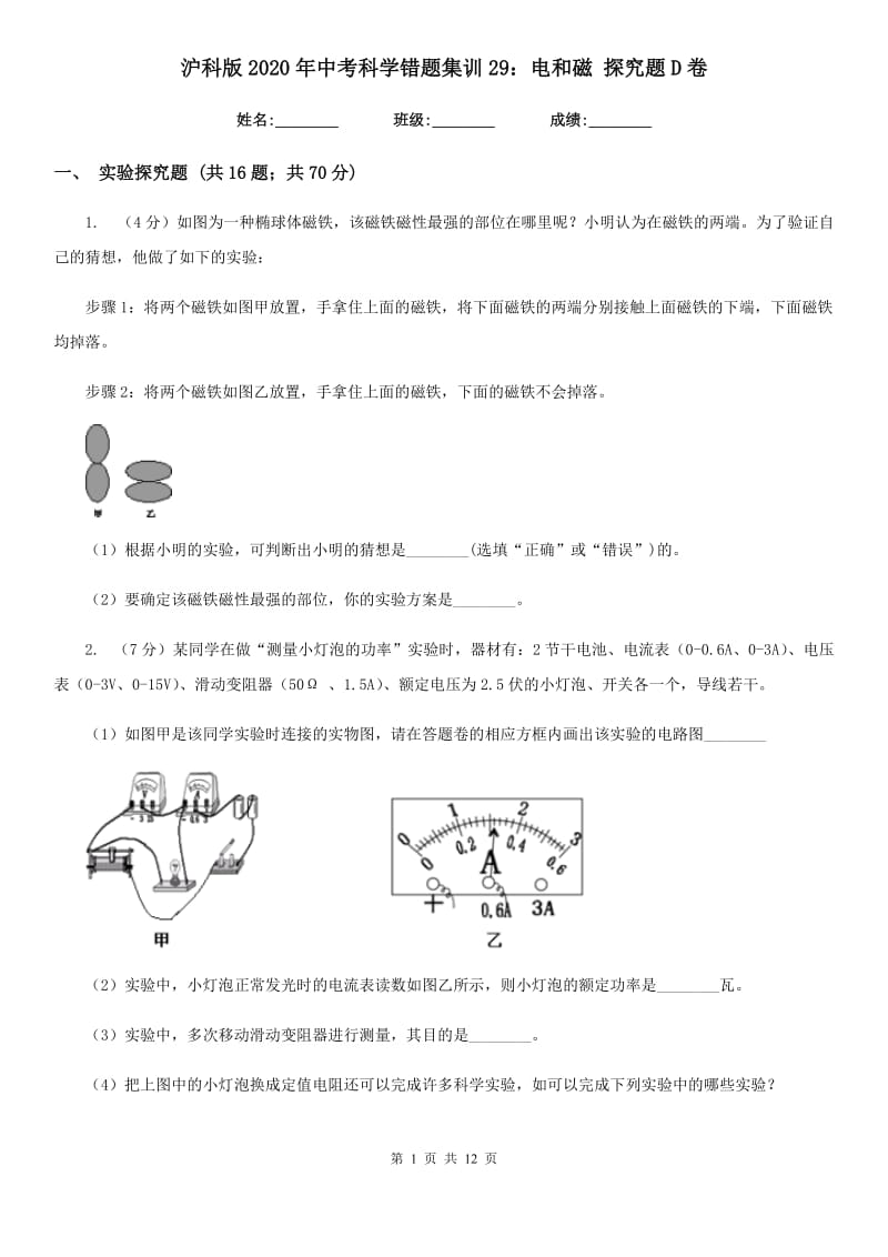 沪科版2020年中考科学错题集训29：电和磁探究题D卷.doc_第1页