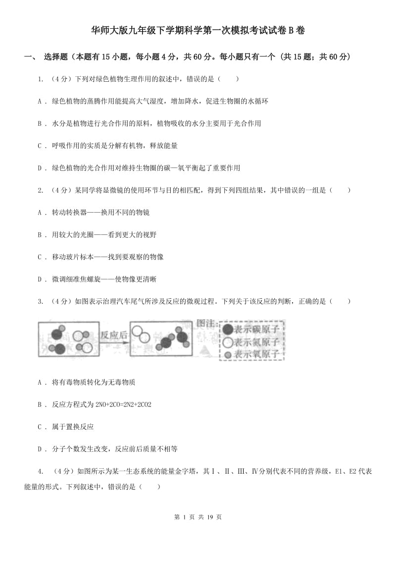 华师大版九年级下学期科学第一次模拟考试试卷B卷.doc_第1页