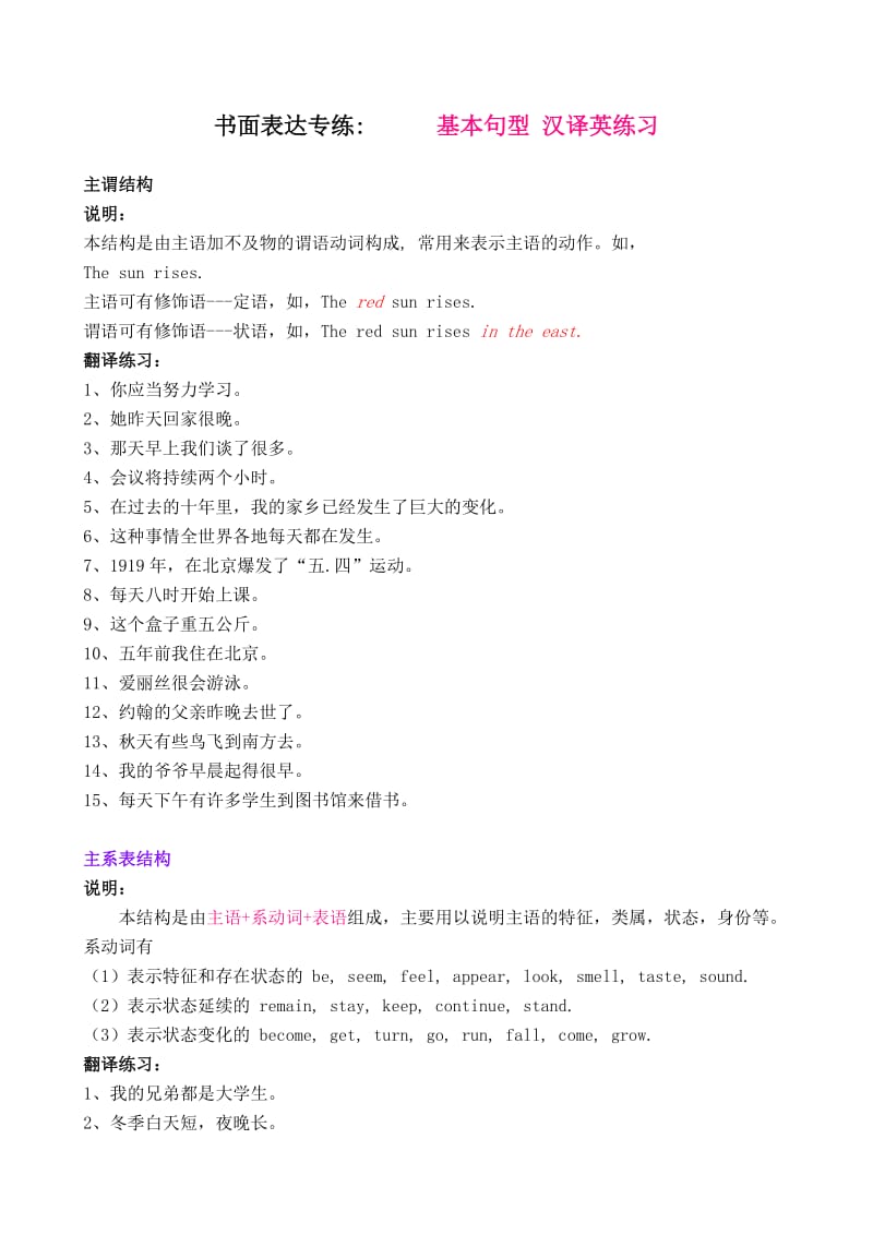 书面表达专练基本句型汉译英练习.doc_第1页