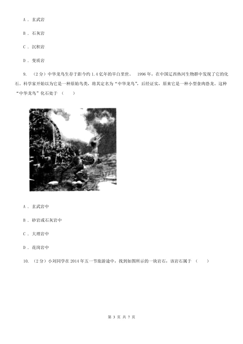 浙教版科学七年级上册第三章第三节组成地壳的岩石同步训练B卷.doc_第3页