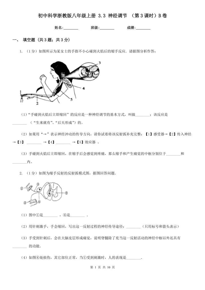 初中科学浙教版八年级上册3.3神经调节（第3课时）B卷.doc_第1页