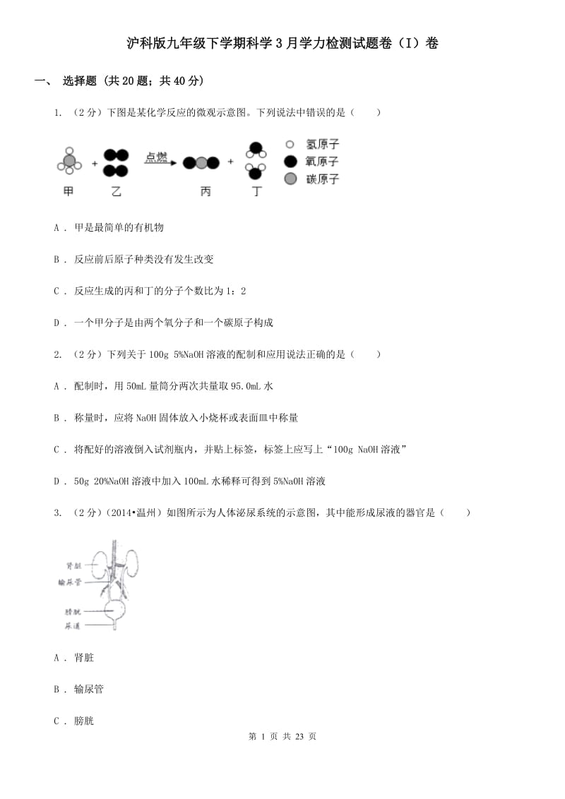 沪科版九年级下学期科学3月学力检测试题卷（I）卷.doc_第1页