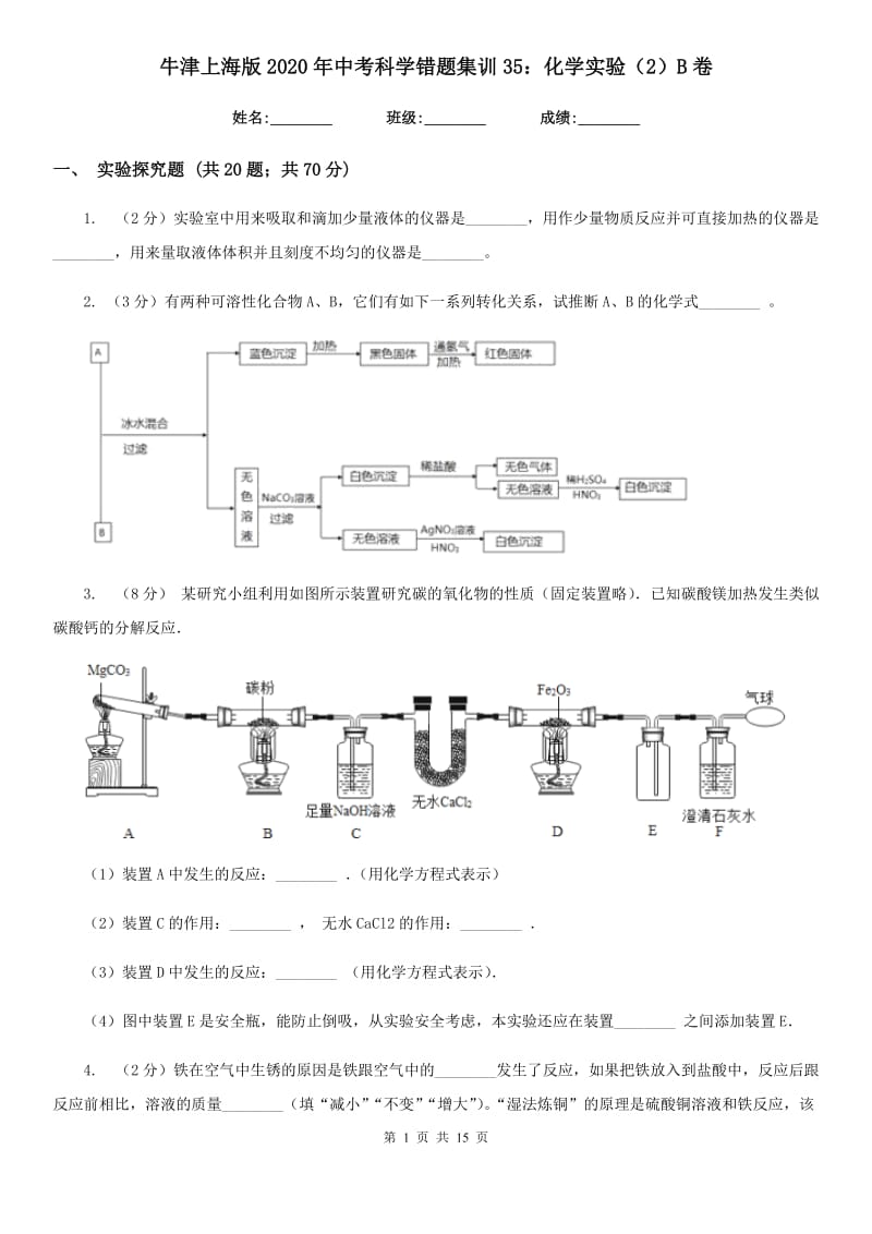 牛津上海版2020年中考科学错题集训35：化学实验（2）B卷.doc_第1页