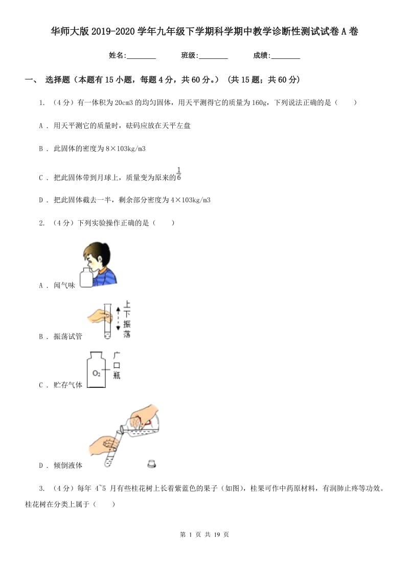 华师大版2019-2020学年九年级下学期科学期中教学诊断性测试试卷A卷.doc_第1页