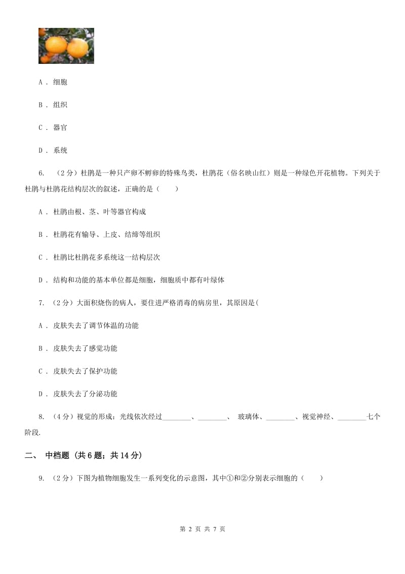 浙教版科学2019-2020学年七年级上学期2.3细胞的分裂、生长和分化组织（第1课时）同步练习A卷.doc_第2页