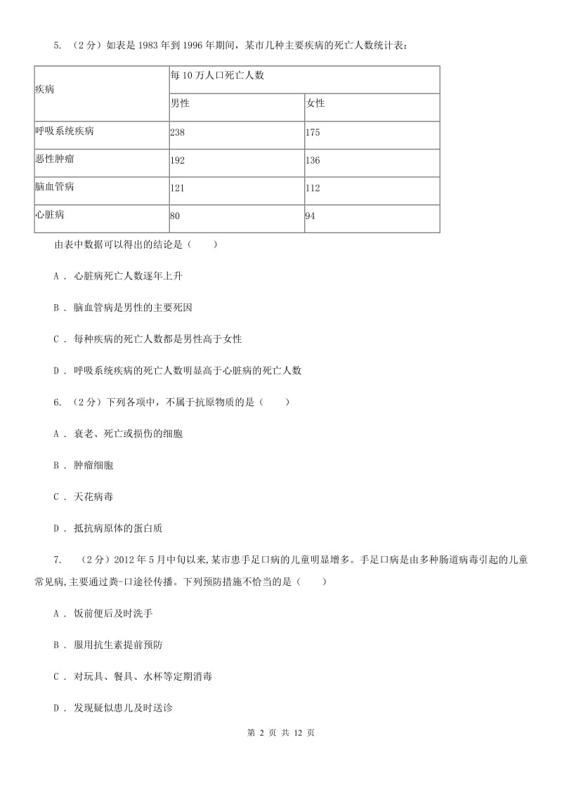 2020届中考复习专题10：人、健康与环境D卷.doc_第2页