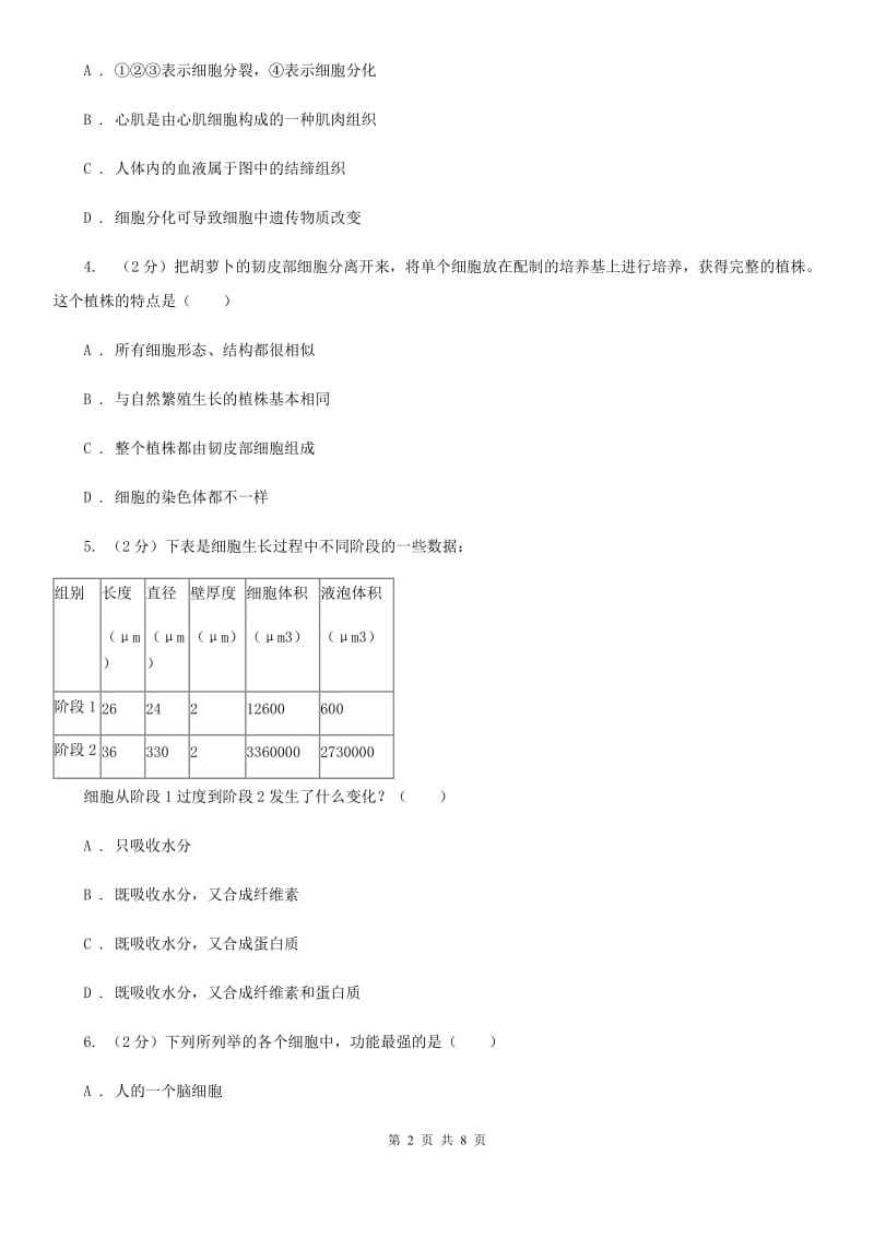 浙教版七年级科学上册第二章第三节生物体的结构层次（1）同步测试A卷.doc_第2页