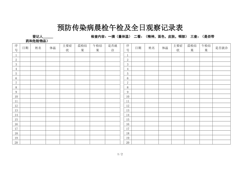 预防传染病晨检午检及全日观察记录表.doc_第1页