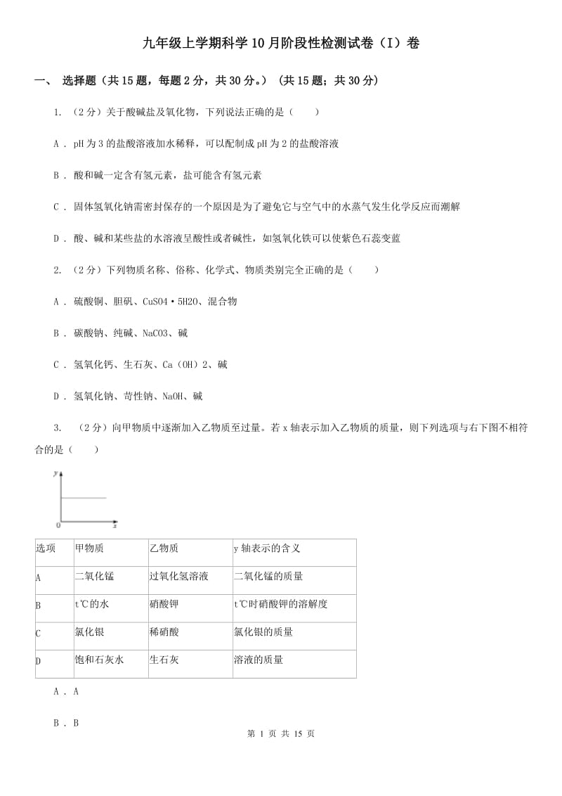 九年级上学期科学10月阶段性检测试卷（I）卷.doc_第1页