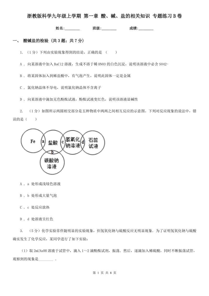 浙教版科学九年级上学期第一章酸、碱、盐的相关知识专题练习B卷.doc_第1页