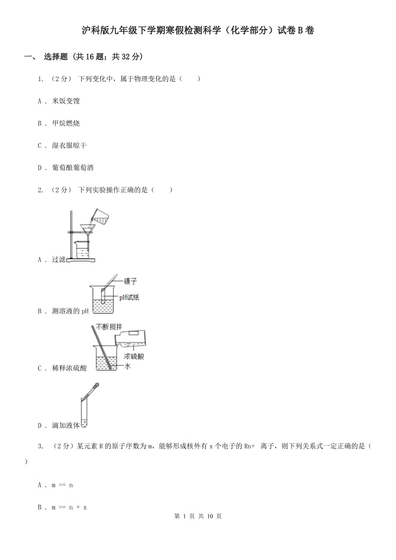 沪科版九年级下学期寒假检测科学（化学部分）试卷B卷.doc_第1页