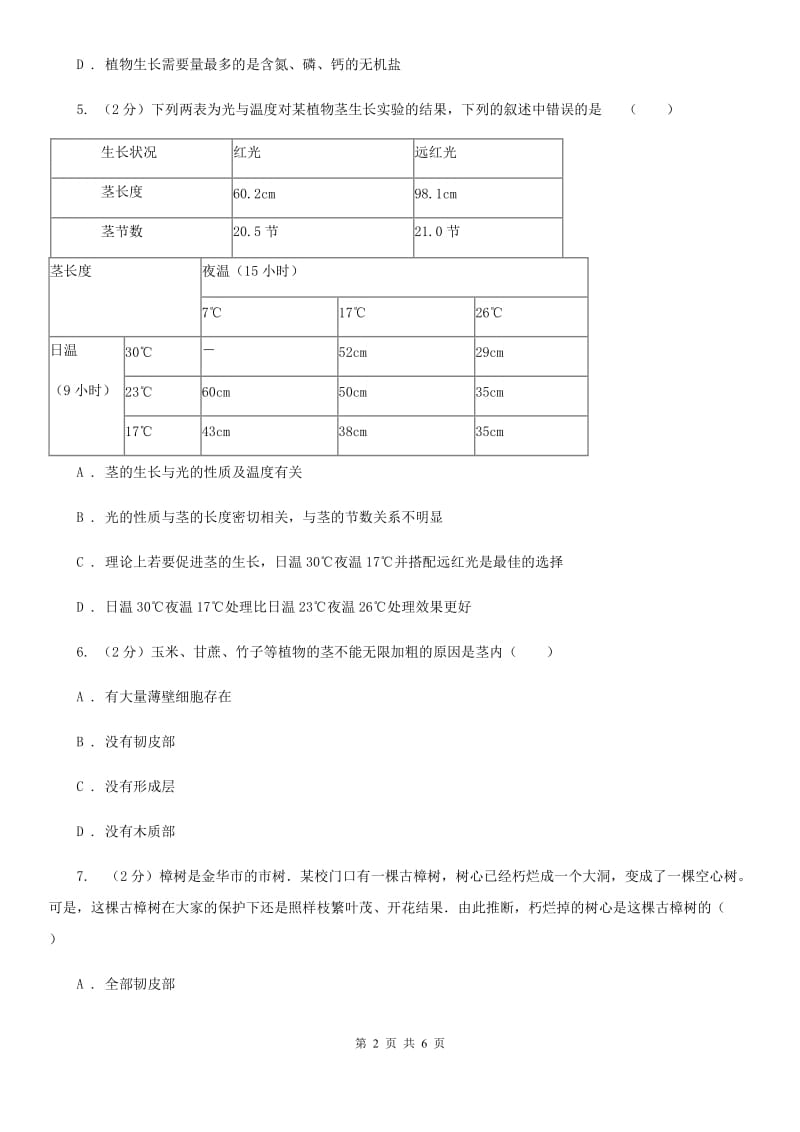 浙教版科学八年级下学期4.4植物的茎与物质运输同步测试（1）A卷.doc_第2页