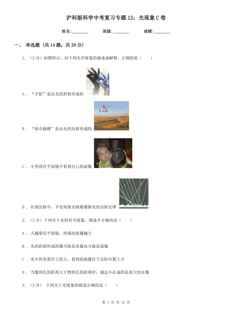 沪科版科学中考复习专题12：光现象C卷.doc_第1页