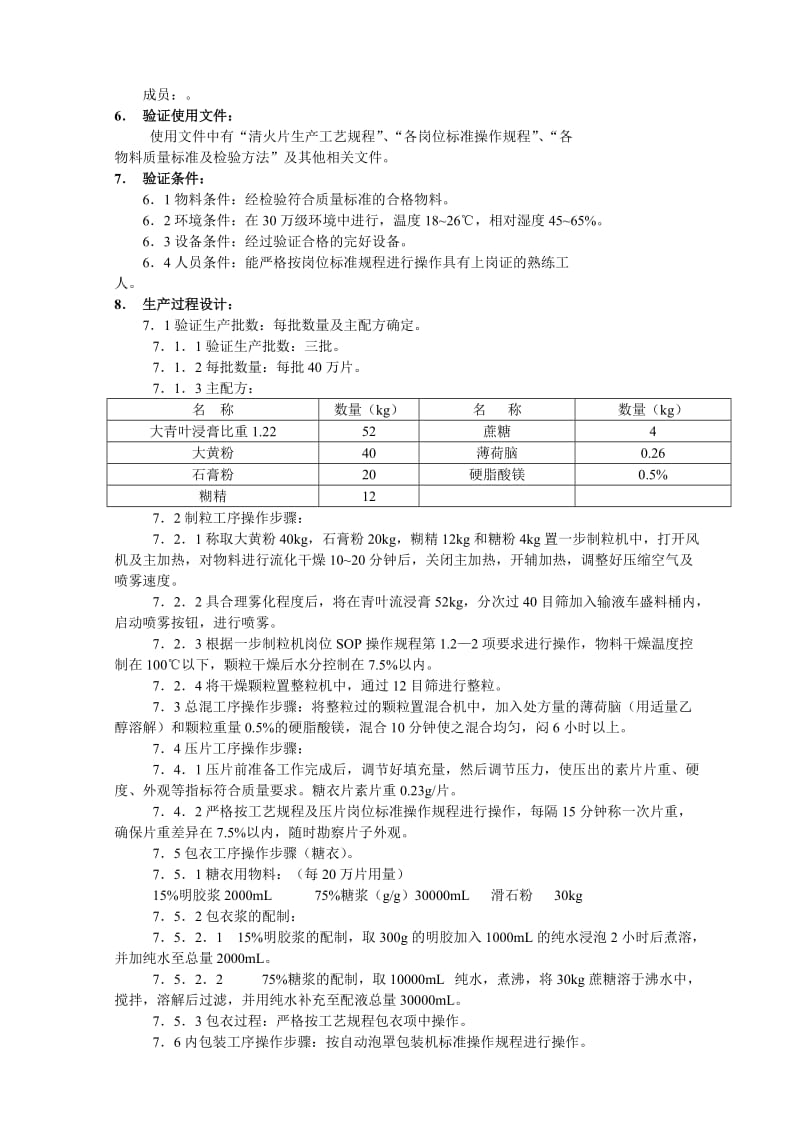 北京1制药厂GMP文件6-清火片(糖衣)生产工艺验证方案.doc_第2页