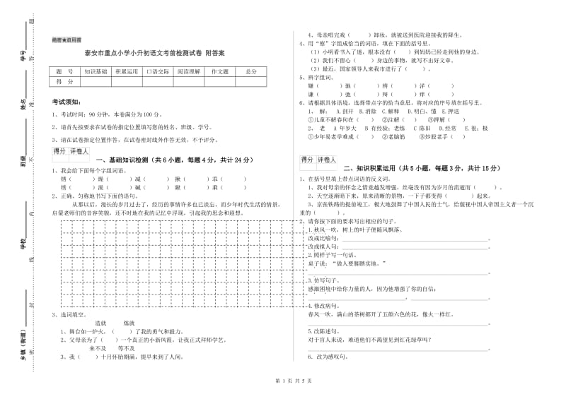 泰安市重点小学小升初语文考前检测试卷 附答案.doc_第1页