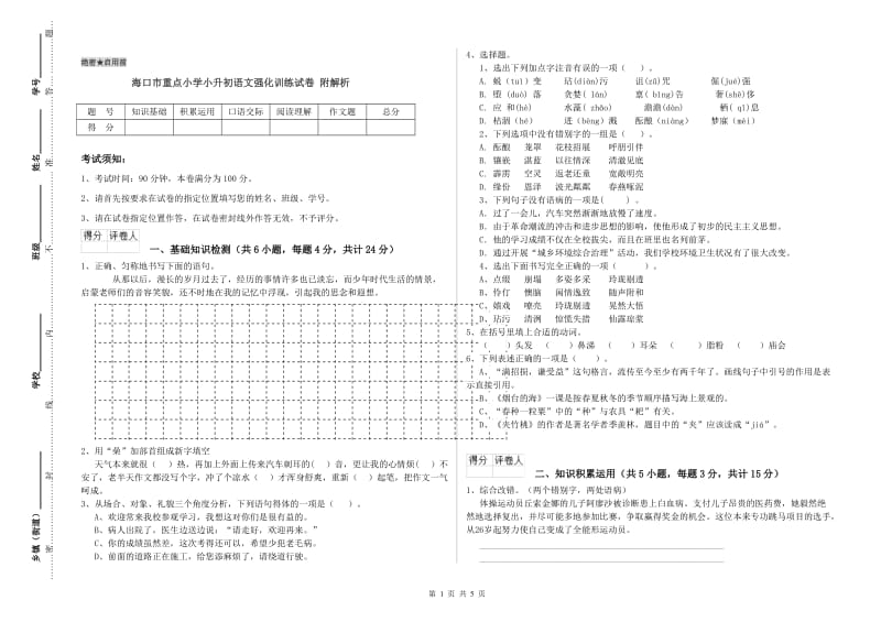 海口市重点小学小升初语文强化训练试卷 附解析.doc_第1页