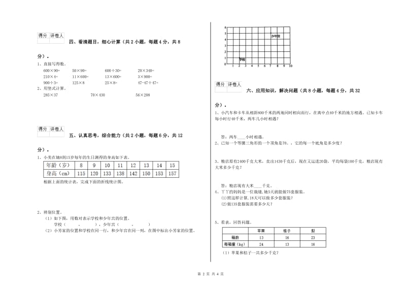 江苏版四年级数学【下册】综合检测试卷A卷 含答案.doc_第2页