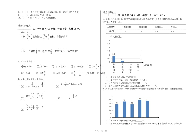 温州市实验小学六年级数学【下册】期中考试试题 附答案.doc_第2页