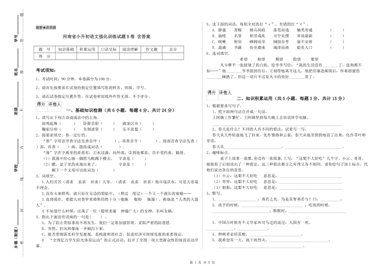 河南省小升初语文强化训练试题B卷 含答案.doc_第1页