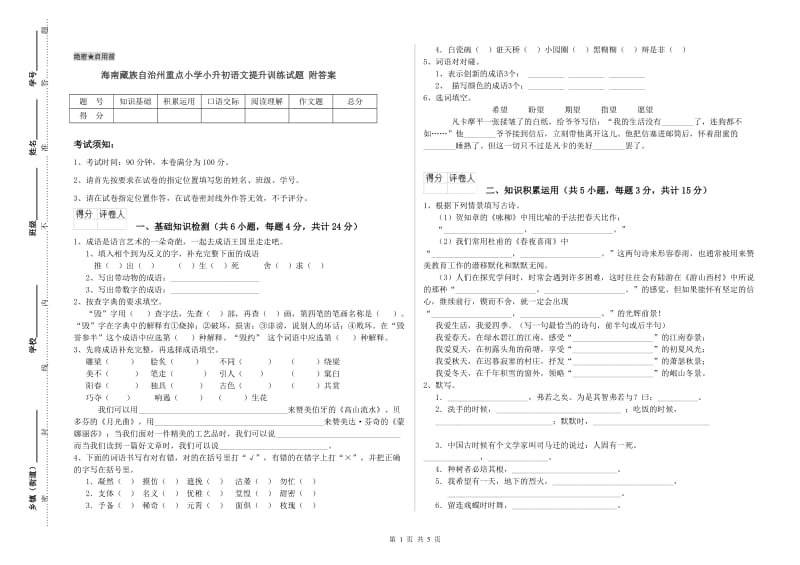 海南藏族自治州重点小学小升初语文提升训练试题 附答案.doc_第1页