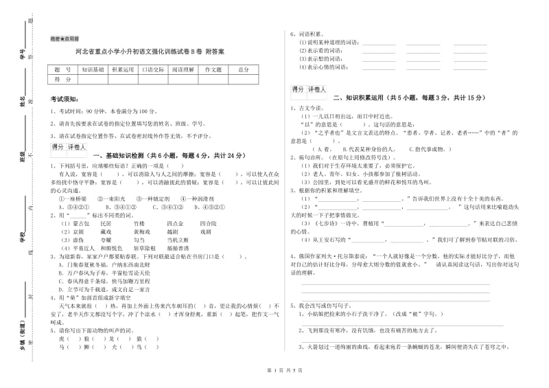 河北省重点小学小升初语文强化训练试卷B卷 附答案.doc_第1页