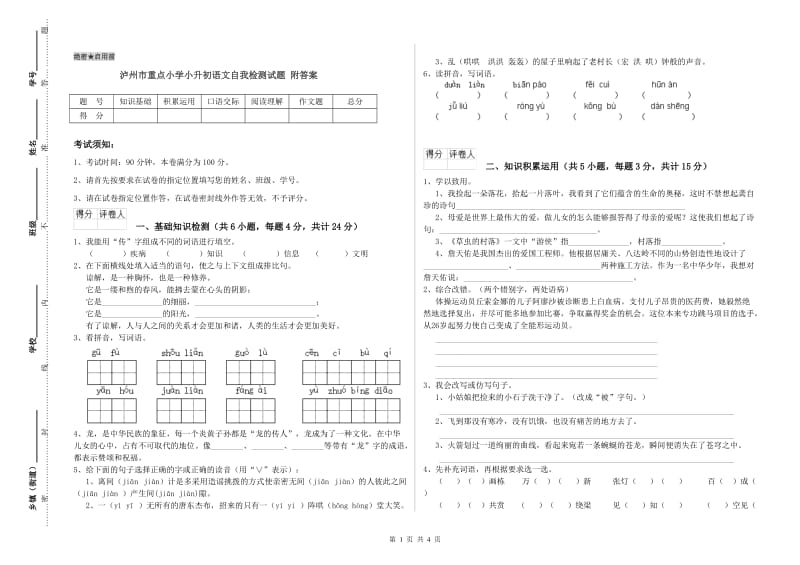 泸州市重点小学小升初语文自我检测试题 附答案.doc_第1页