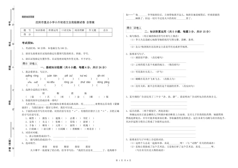 沈阳市重点小学小升初语文自我检测试卷 含答案.doc_第1页