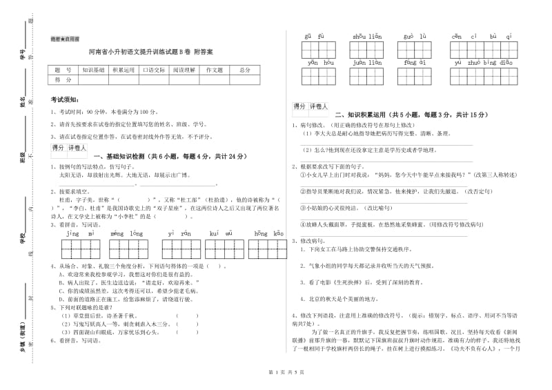 河南省小升初语文提升训练试题B卷 附答案.doc_第1页