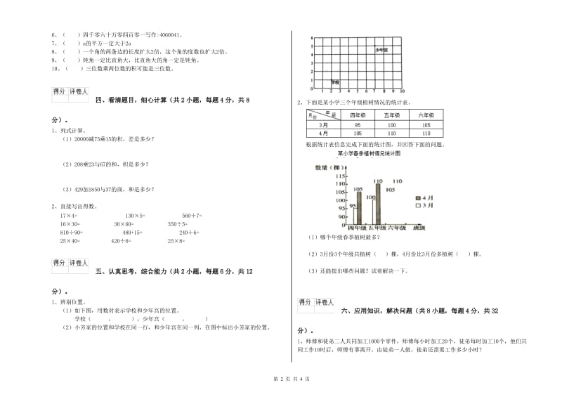 浙江省2020年四年级数学【上册】开学考试试卷 含答案.doc_第2页