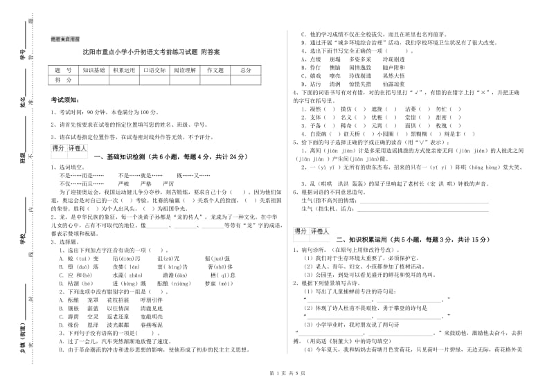 沈阳市重点小学小升初语文考前练习试题 附答案.doc_第1页